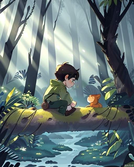 Exquisite, clear, high-definition, exquisite, cute, cartoonish, beautiful color matching, colorful, Exploring in the forest, in the jungle, the little boy is in the forest, in the woods, the vast forest, rich plant life, beautiful light and shadow, rich colors, beautiful scenes, boy. The boy is in the forest.