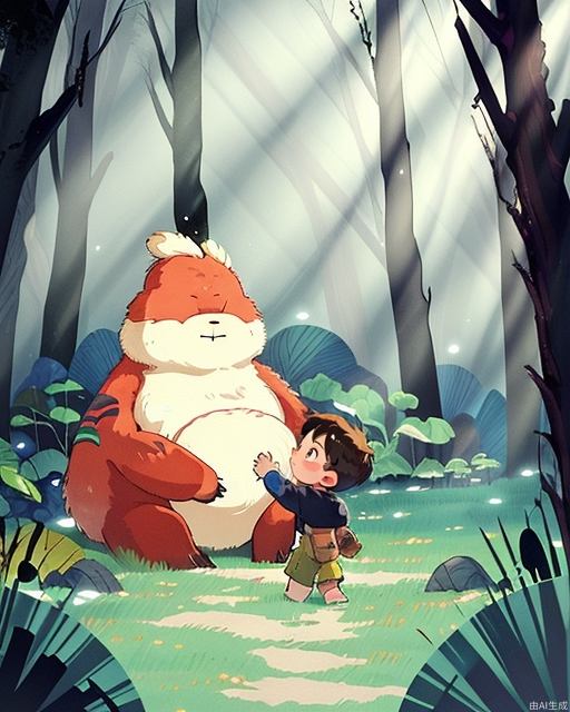 Exquisite, clear, high-definition, exquisite, cute, cartoonish, beautiful color matching, colorful, Exploring in the forest, in the jungle, the little boy is in the forest, in the woods, the vast forest, rich plant life, beautiful light and shadow, rich colors, beautiful scenes, boy. The boy is in the forest.