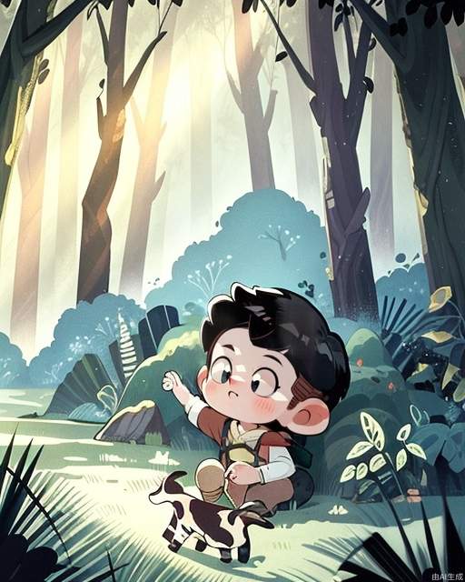 Exquisite, clear, high-definition, exquisite, cute, cartoonish, beautiful color matching, colorful, Exploring in the forest, in the jungle, the little boy is in the forest, in the woods, the vast forest, rich plant life, beautiful light and shadow, rich colors, beautiful scenes, boy. The boy is in the forest.