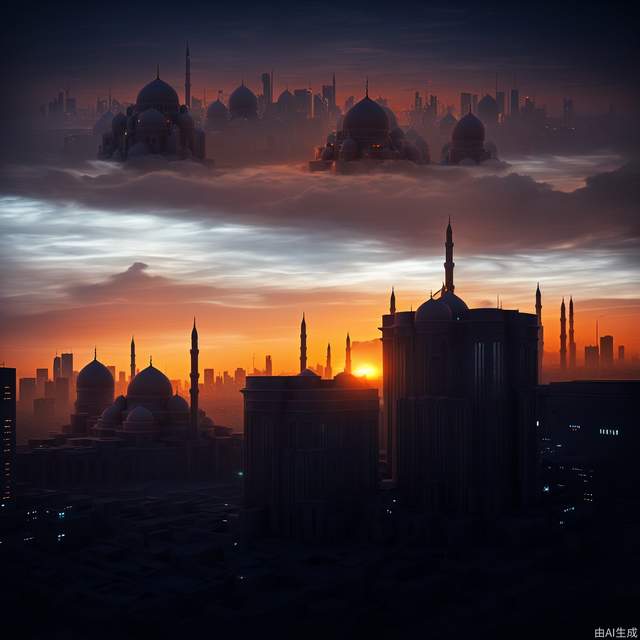 Magnificent, vast, complex of buildings, city, dawn, cityscape, cyberpunk city, street, downtown