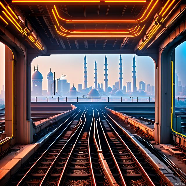 Magnificent, vast, complex architecture, city, dawn, cityscape, cyberpunk city, streets, downtown, library, neon, buildings, buildings, railways, railways, ruins, chinese_style_loft, skyscrapers, boulders