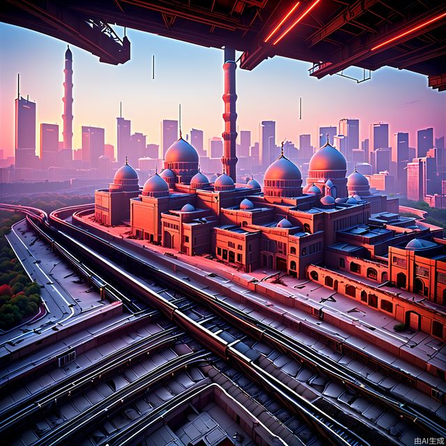 Magnificent, vast, complex architecture, city, dawn, cityscape, cyberpunk city, streets, downtown, library, neon, buildings, buildings, railways, railways, ruins, chinese_style_loft, skyscrapers, boulders