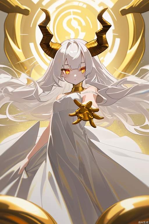 Golden horns, long platinum hair, golden vertical eyes, girl, white dress