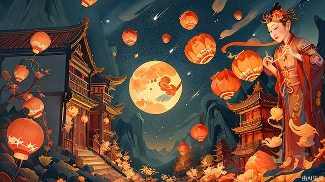 Mid-Autumn Festival poster, lanterns, moon, starry sky, full of artistic conception and imagination