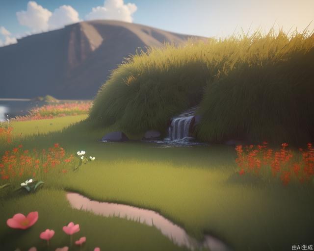 Prospect, flower, no humans, grass, water, medium\, octane\, masterpiece, 3D rendering, C4D, 8K, best quality