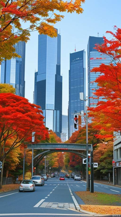 Bishoujo, plump, cityscape, in autumn