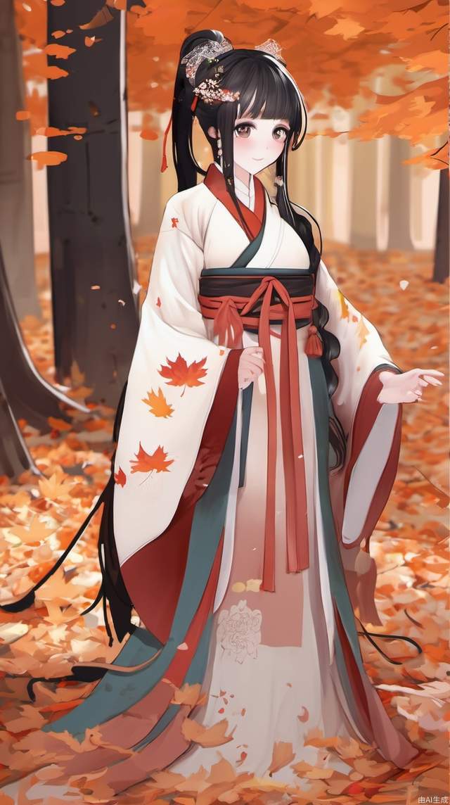 incredibly absurdres, highres, (autumn maple forest:1.3),(very few fallen leaves),(path), smile, full_shot, hanfu, tang style outfits,<lora:hanfuTang_v32:0.7>, girl