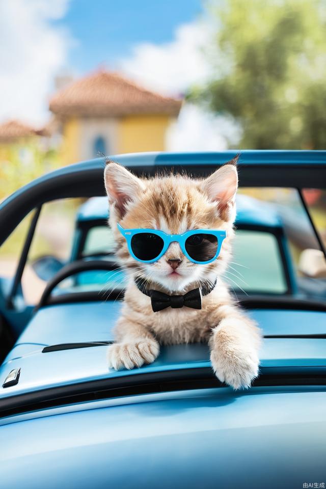 A kitten. Driving a car. Wearing sunglasses.