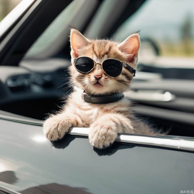 A kitten. Driving a car. Wearing sunglasses.