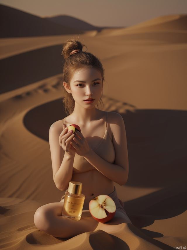 1girls, on a desert, holding an apple, waiting to drink.