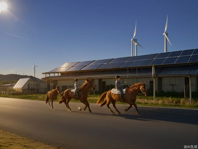 Cars full of new energy technology are galloping on the road, and there are many wind power and solar power generation facilities around the road. The sun is shining brightly