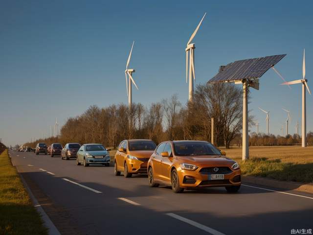 Cars full of new energy technology are galloping on the road, and there are many wind power and solar power generation facilities around the road. The sun is shining brightly