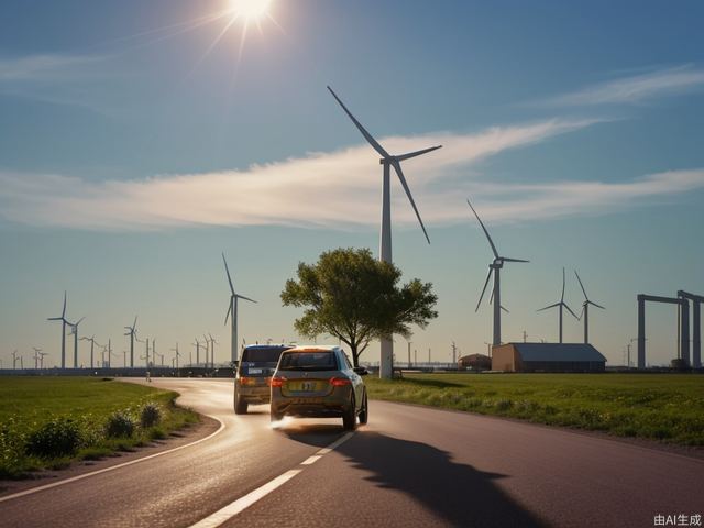 Cars full of new energy technology are galloping on the road, and there are many wind power and solar power generation facilities around the road. The sun is shining brightly