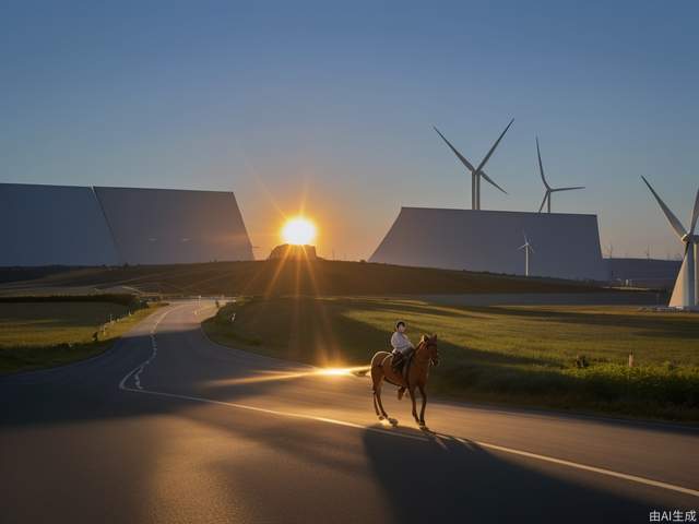 Cars full of new energy technology are galloping on the road, and there are many wind power and solar power generation facilities around the road. The sun is shining brightly