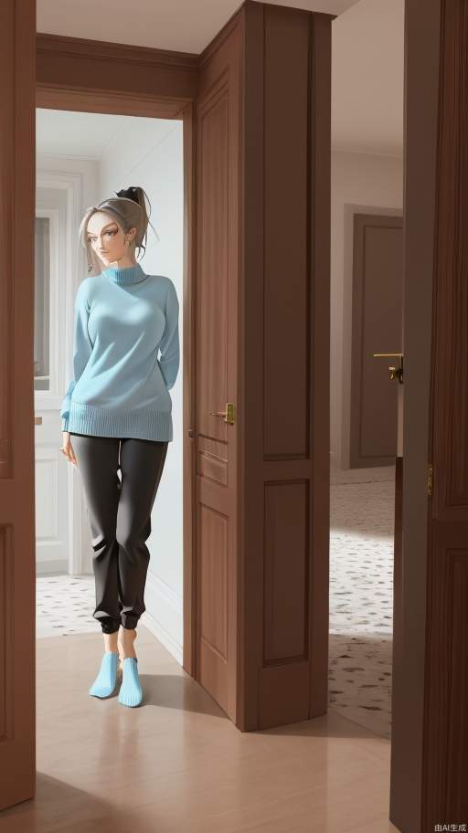 Modern urban girl, slim figure, long black ponytail, exquisite and beautiful face, light blue sweater and sweatpants, standing at the door of the villa hall, pushing the door to enter, side view, the villa hall is spacious and luxuriously decorated, crystal lamp, European sofa set