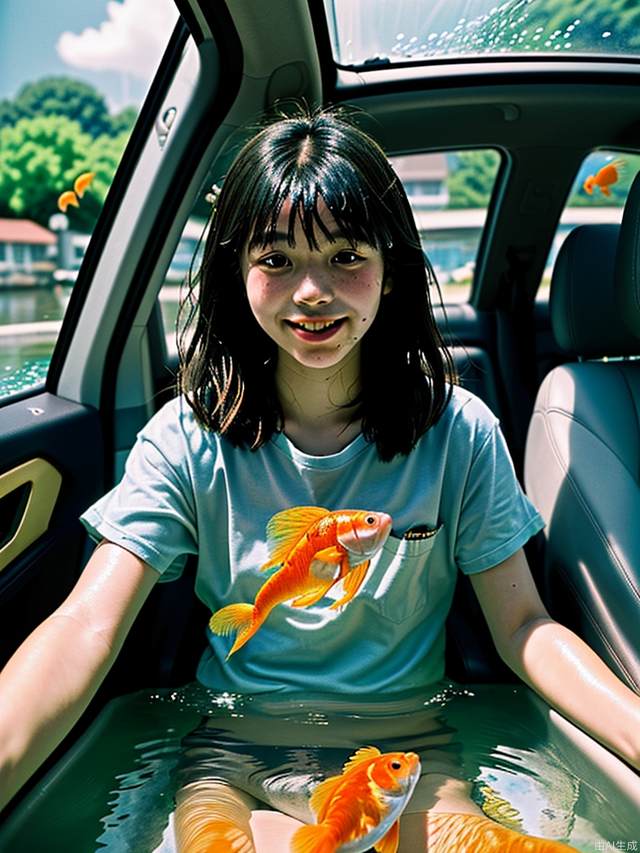 18-year-old boy model in car filled with goldfishs,the goldfish can fly,art by Rinko Kawauchi,in the style of naturalistic poses,vacation dadcore,youthful energy a coolespression,body extensions,goldfishs in the sky,analog film, super detail,dreamy lofi photography,colourful, covered in the water and goldfishs,inside view,shot onfujifilm XT4,--ar 3:4 --upbeta --s 800 --v 5.1