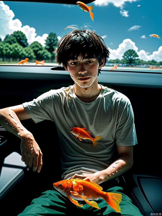 18-year-old boy model in car filled with goldfishs,the goldfish can fly,art by Rinko Kawauchi,in the style of naturalistic poses,vacation dadcore,youthful energy a coolespression,body extensions,goldfishs in the sky,analog film, super detail,dreamy lofi photography,colourful, covered in the water and goldfishs,inside view,shot onfujifilm XT4,--ar 3:4 --upbeta --s 800 --v 5.1