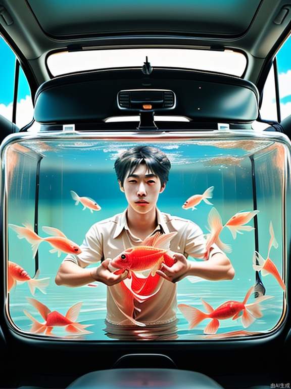 18-Year-old boy model in a car full of goldfish, goldfish can fly, Rinko Kawauchi's art, naturalistic pose style, resort boin, youthful energy cool pressure, body stretching, goldfish in the sky, analog film, super detail, dreamy lofi photography, colorful, covered in water and goldfish, interior, shot on Fujifilm XT4, --ar 3:4--upbeta--s 800 --v 5.1