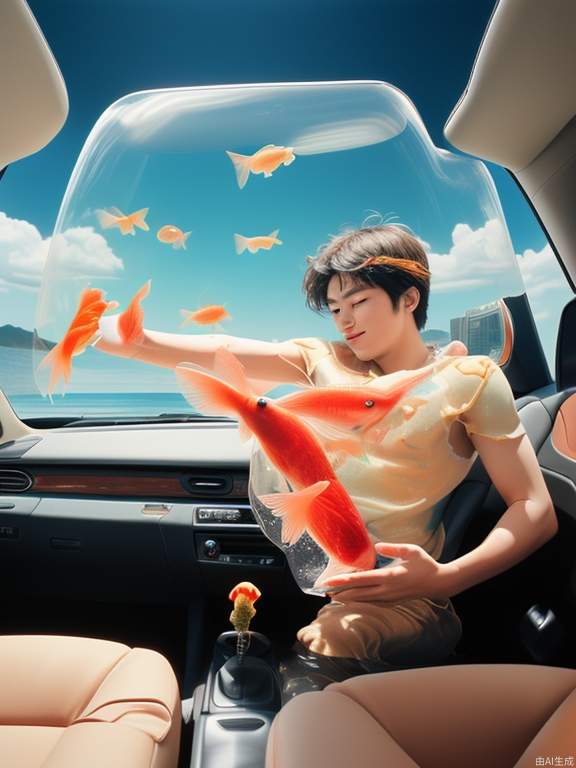 18-Year-old boy model in a car full of goldfish, goldfish can fly, Rinko Kawauchi's art, naturalistic pose style, resort boin, youthful energy cool pressure, body stretching, goldfish in the sky, analog film, super detail, dreamy lofi photography, colorful, covered in water and goldfish, interior, shot on Fujifilm XT4, --ar 3:4--upbeta--s 800 --v 5.1