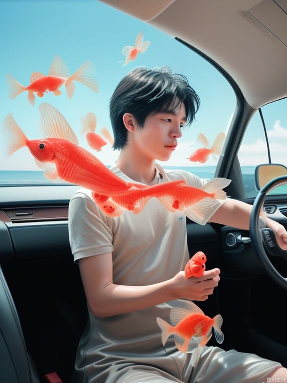 18-Year-old boy model in a car full of goldfish, goldfish can fly, Rinko Kawauchi's art, naturalistic pose style, resort boin, youthful energy cool pressure, body stretching, goldfish in the sky, analog film, super detail, dreamy lofi photography, colorful, covered in water and goldfish, interior, shot on Fujifilm XT4, --ar 3:4--upbeta--s 800 --v 5.1