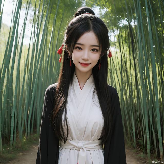 1girl, chinese_style, hanfu, smile, absurdres, real, available light, bamboo forest, in spring, panorama, close-up