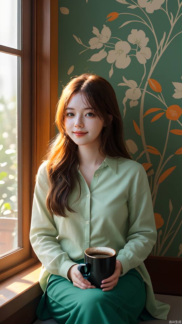 Realistic style: A pure and sweet girl sits by the window with a cup of coffee, the morning sun shines on her face. Character photo, green and orange tones, wallpaper, 8K quality.