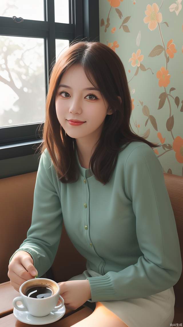 Realistic style: A pure and sweet girl sits by the window with a cup of coffee, the morning sun shines on her face. Character photo, green and orange tones, wallpaper, 8K quality.