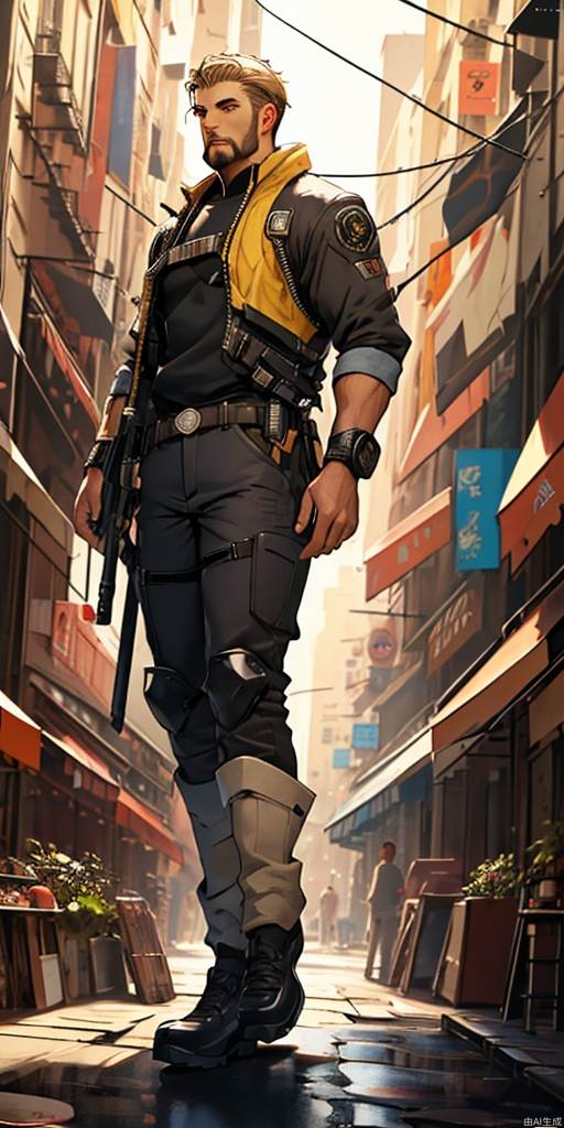 Masterpiece, best quality, 4k, 1man, oniNFT, full body, facial hair, front view, male focus, short hair, cityscape, yellow eyes, bells, muscular male, volumetric light, depth of field,