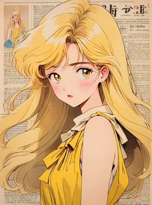 In the 1980s,Japanese old style Carton illustration ,watercolor，A Dangerous and charming female with light yellow long hair, wearing a large yellow bow on her head, tear stains , yellow and white Sleeveless dress,  light white style, with a clean and concise background，miixed patterns, text and emoji installations, Weak contrast，portrait, stand in front of a wall of old newspaper