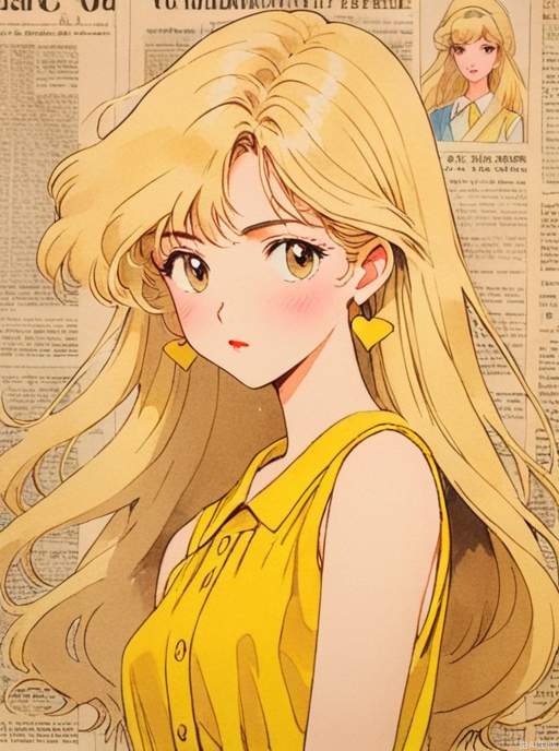 In the 1980s,Japanese old style Carton illustration ,watercolor，A Dangerous and charming female with light yellow long hair, wearing a large yellow bow on her head, tear stains , yellow and white Sleeveless dress,  light yellow style, with a clean and concise background，miixed patterns, text and emoji installations, Weak contrast，portrait, stand in front of a wall of old newspaper
