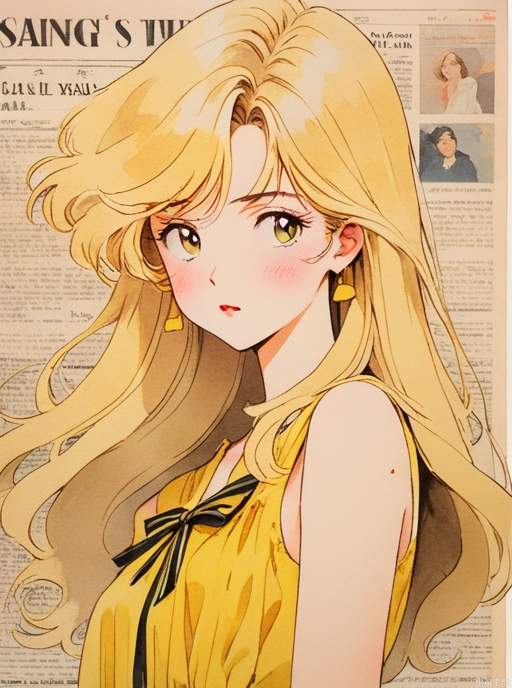 In the 1980s,Japanese old style Carton illustration ,watercolor，A Dangerous and charming female with light yellow long hair, wearing a large yellow bow on her head, tear stains , yellow and white Sleeveless dress,  light white style, with a clean and concise background，miixed patterns, text and emoji installations, Weak contrast，portrait, stand in front of a wall of old newspaper
