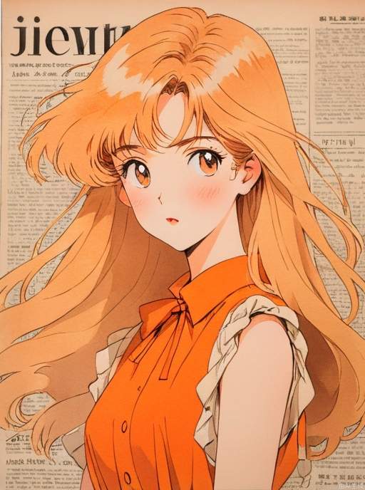In the 1980s,Japanese old style Carton illustration ,watercolor，A Dangerous and charming female with light orange long hair, wearing a large orange bow on her head, tear stains , orange and white Sleeveless dress,  light orange style, with a clean and concise background，miixed patterns, text and emoji installations, Weak contrast，portrait, stand in front of a wall of old newspaper