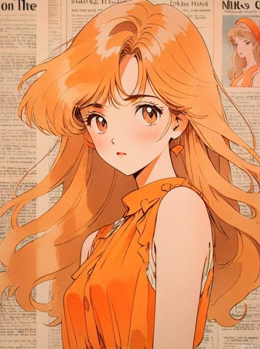 In the 1980s,Japanese old style Carton illustration ,watercolor，A Dangerous and charming female with light orange long hair, wearing a large orange bow on her head, tear stains , orange and white Sleeveless dress,  light orange style, with a clean and concise background，miixed patterns, text and emoji installations, Weak contrast，portrait, stand in front of a wall of old newspaper
