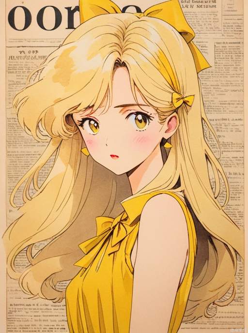 In the 1980s,Japanese old style Carton illustration ,watercolor，A Dangerous and charming female with light yellow long hair, wearing a large yellow bow on her head, tear stains , yellow and white Sleeveless dress,  light yellow style, with a clean and concise background，miixed patterns, text and emoji installations, Weak contrast，portrait, stand in front of a wall of old newspaper