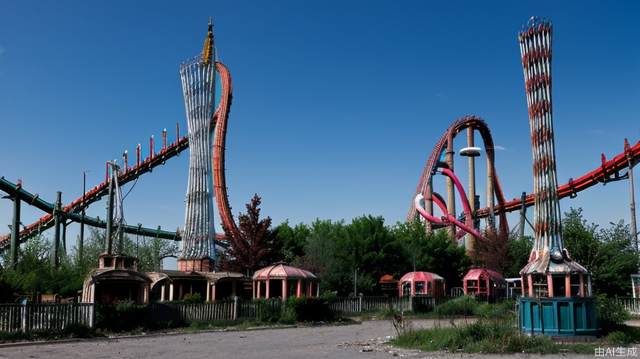 An abandoned amusement park reclaimed by nature, with rusted roller coasters and a carousel frozen in time.
blurry