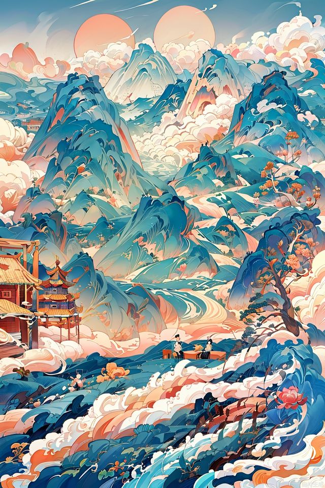 Tibet  landscape painting, in the style of Cath Kidston, flat illustration, minimalism, pointillism, solid color,nobody,Red, beige,Pavilions, lakes, peach blossoms, landscapes, clouds