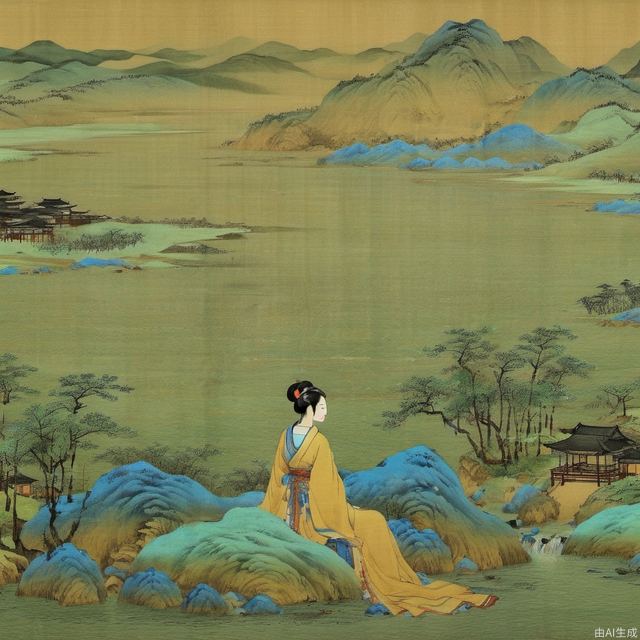 Chinese painting style, there is a beautiful girl in the picture, sitting by the river, looking at the distant mountains, high definition image quality