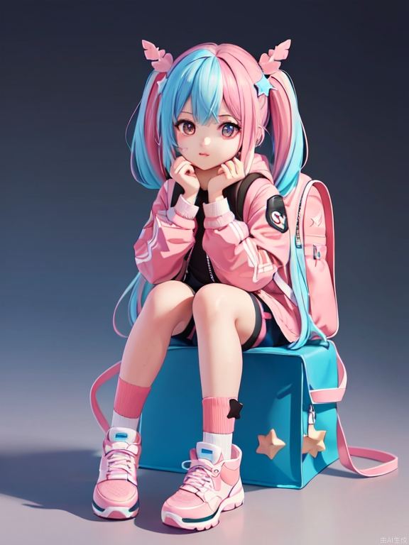 masterpiece, best quality, 8k, cinematic light, ultra high res, chibi, 1girl, bag, backpack, solo, multicolored hair, shorts, star \, (symbol\), blue hair, hood, sitting, pink hair, star hair ornament, head rest, socks, pink footwear, black shorts, hair ornament, full body, boots, bandaid, gradient, twintails, jacket, 