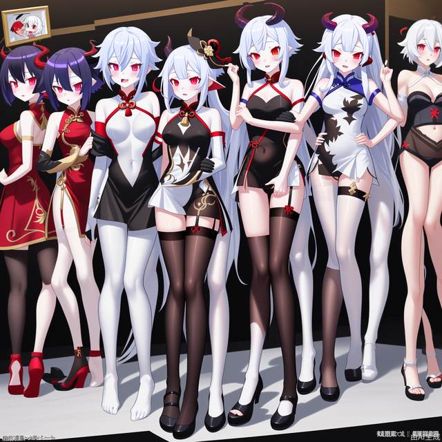 sexually suggestive,black pantyhose, white pantyhose, full body,   slim girl, sexy,  ganyu (genshin impact), multiple girls, 6+girls, 
 cheongsam, white hair, succubus (disgaea), pale skin, 