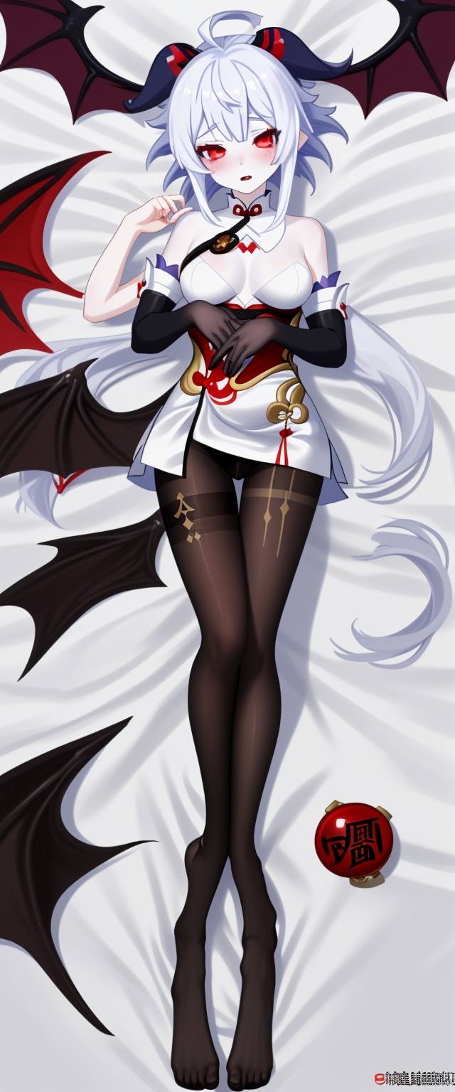 black pantyhose, genshin impact, pale skin, ganyu (genshin impact), white pantyhose, full body, white hair, cheongsam,
succubus (disgaea), sexually suggestive, sexy,