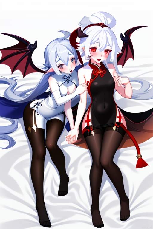 sexually suggestive,black pantyhose, white pantyhose, full body,   slim girl, sexy,  ganyu (genshin impact), multiple girls, 6+girls, 
 cheongsam, white hair, succubus (disgaea), pale skin, 