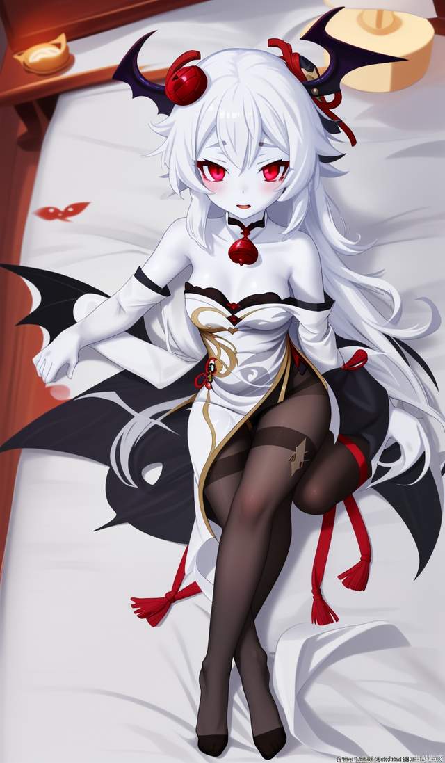 black pantyhose, genshin impact, pale skin, ganyu (genshin impact), white pantyhose, full body, white hair, cheongsam,
succubus (disgaea), sexually suggestive, sexy, 