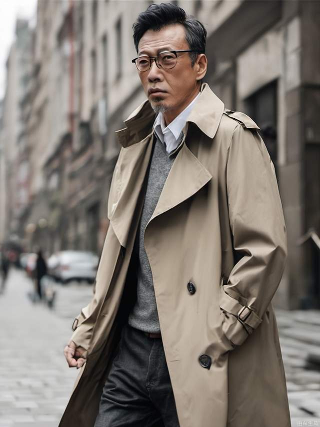 The middle-aged man's back trench coat was blown by the wind