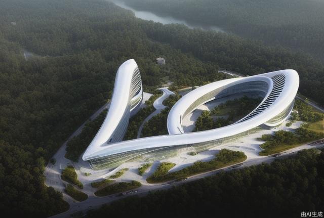 Mountain Hotel, in the forest, with a V-shaped sense of form, 5 to 8 floors, a total of three buildings, cutting-edge technology. Generate an aerial view