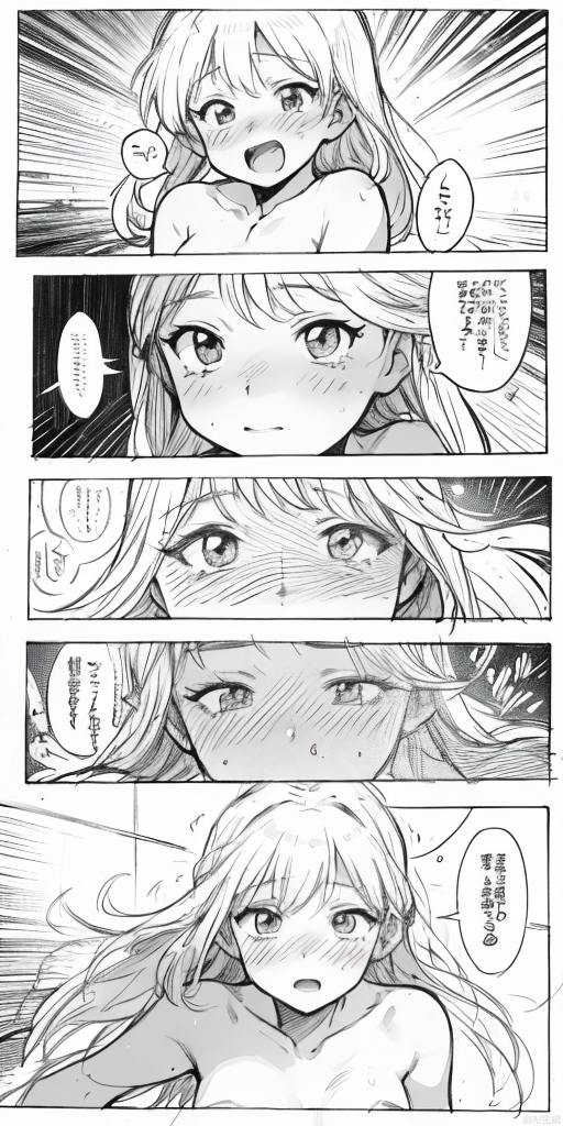 (Masterpiece, top quality 1.3), 1 man and 1 girl, stranger, intercourse, orgasm, ejaculation, public toilet, monochrome, line art, manga, border, koma, word bubbles, blush, nude,