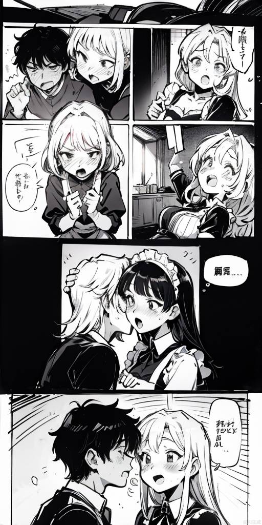 (Masterpiece), 1 male and 1 female, intercourse, line art, manga, border, koma, word bubble, orgasm face, maid outfit,