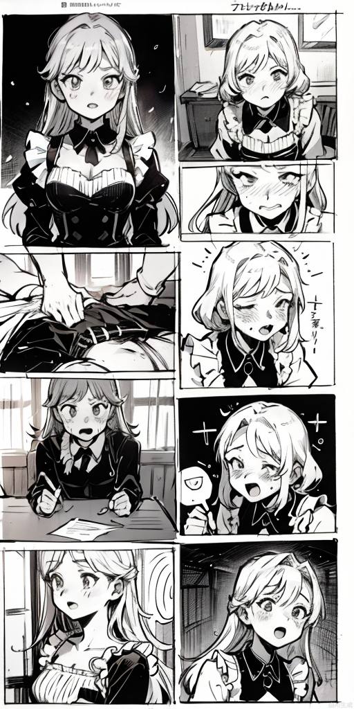 (Masterpiece), 1 girl, masturbation, line art, manga, border, koma, word bubble, orgasm face, maid costume,