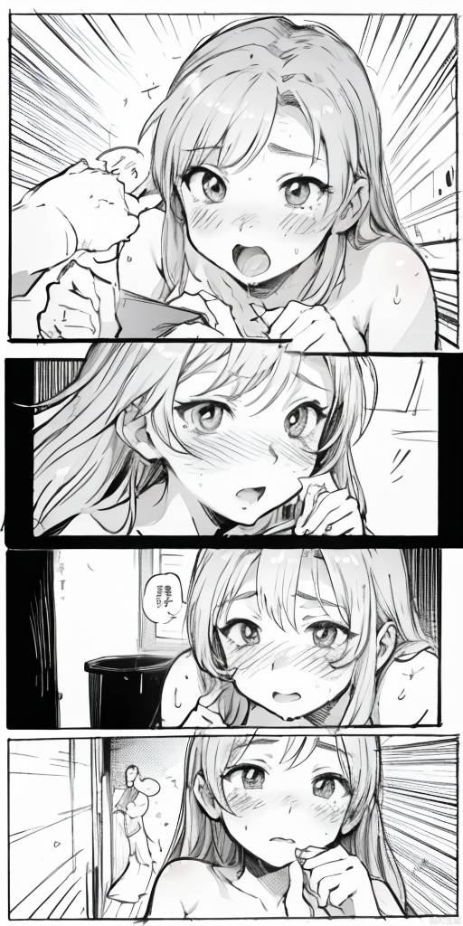 (masterpiece, best quality 1.3),3 man and 1 loli,stranger,coitus,orgasm,ejaculation,oral sex,public toilet,monochrome,line art,comic,border,koma,text bubble,blush,naked，