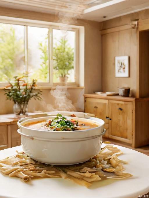 A bowl of steaming soup is placed on a white dining table with a sunny dining room in the background