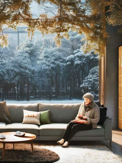 The background is a winter scene with trees and fallen leaves, creating a changing atmosphere of the seasons. In the center of the frame is an indoor scene with two people sitting comfortably on the sofa, seemingly enjoying the warmth of winter. Next to the sofa is a small coffee table with some refreshments or books on it.